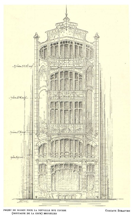 Ontwerp voor een huis aan de Hofberg (vandaag Kunstberg), Brussel (<i>La Gerbe, Revue d’Art décoratif et de Littérature</i>, I<sup>ste</sup> jaar, nr 1, 15 februari 1898, p. 11).