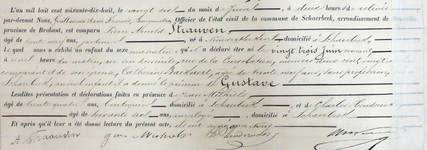 Geboorteakte van Gustave Strauven (Dienst Burgerlijke Stand van de gemeente Schaarbeek).